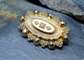 Antique 9ct GOLD Locket BROOCH - Seed Pearls and Coral - 5.8g