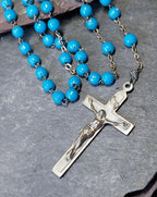 Vintage French BLUE ROSARY Beads, Old Prayer Beads and crucifix - 24" - 23g