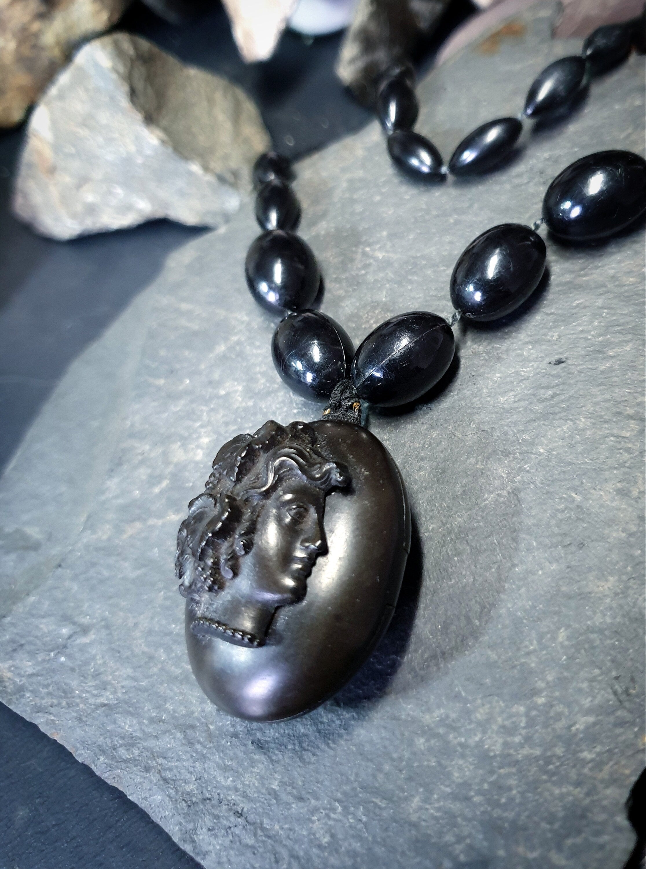 Victorian BOG OAK LOCKET and Bead Necklace with Bacchante Cameo carving