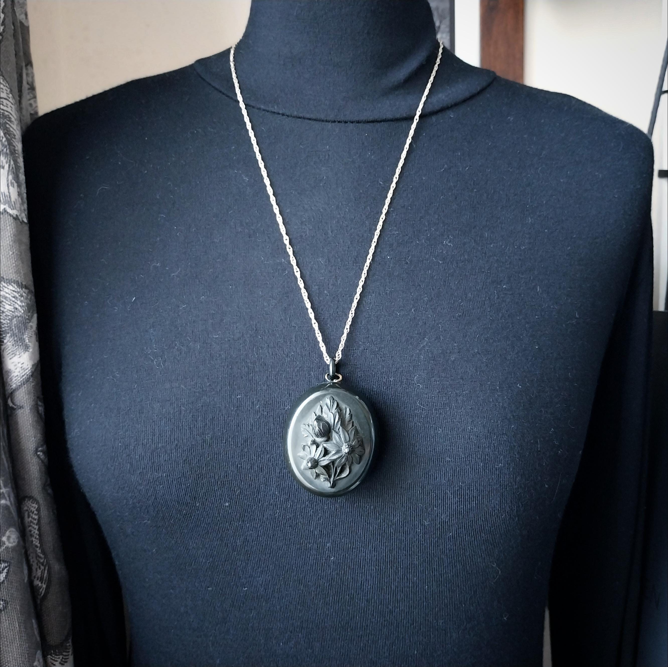 VICTORIAN Bog Oak LOCKET with Sunflowers on 24" Chain Necklace - 28.9g