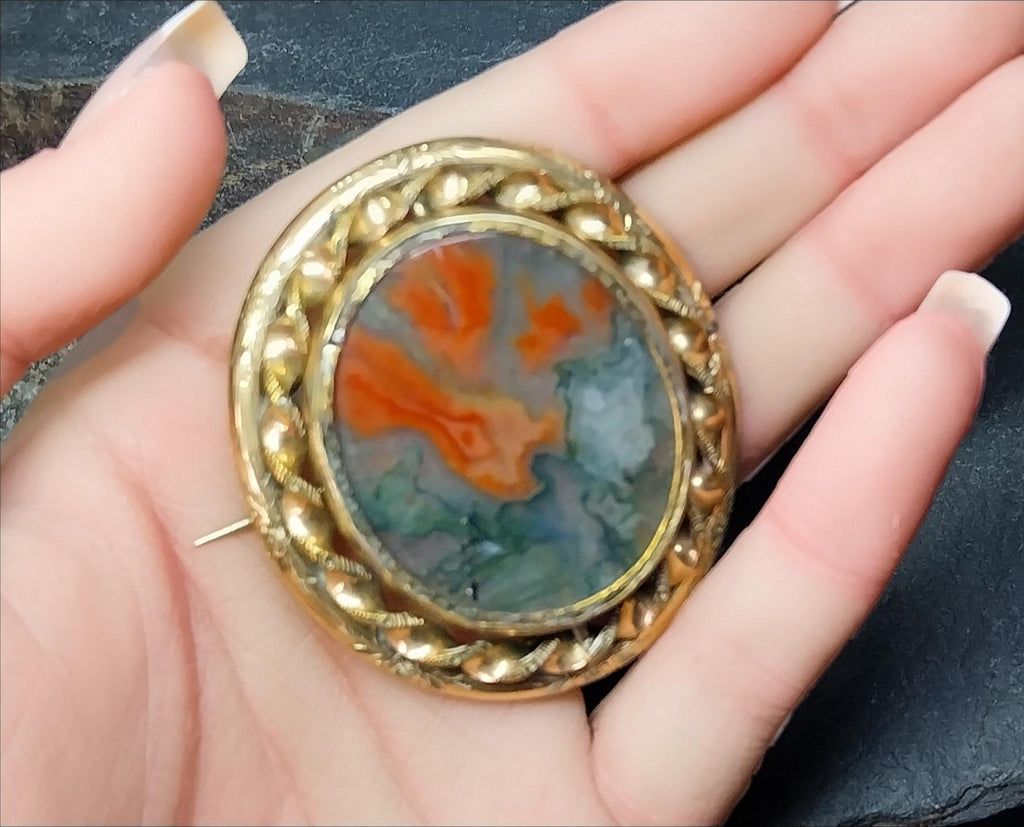 Victorian SWIVEL LOCKET BROOCH with Moss Agate - Big Size - 32.2g