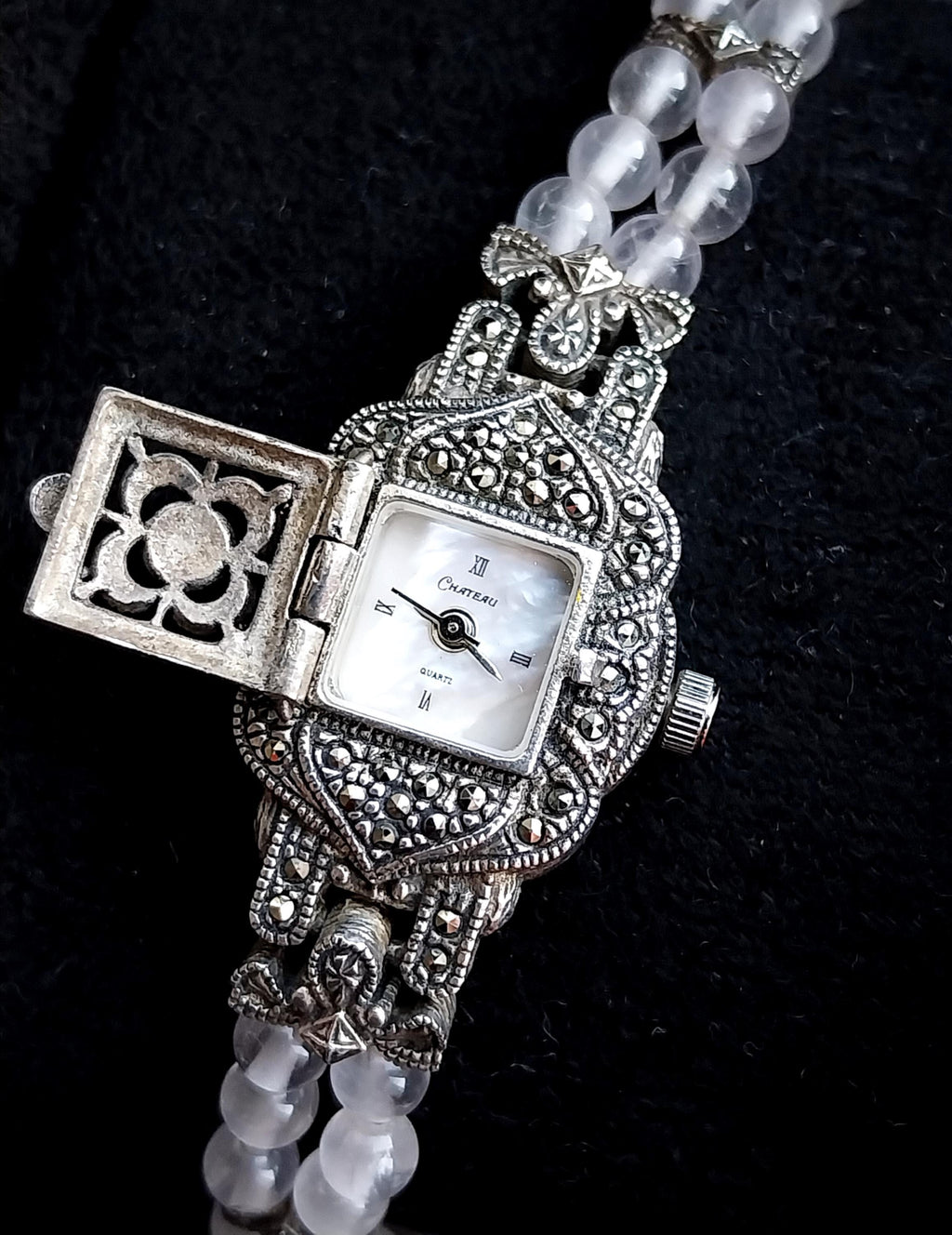 Chateau Sterling Silver Bracelet WATCH with Marcasite Opening Front 18cm - 27.8g