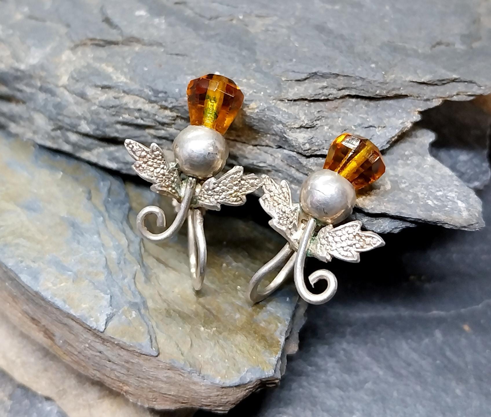 Antique Sterling Silver Carnelian Thistle Earrings - Screw Backs - 3.4g
