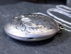 Large Vintage SILVER Puffy OVAL LOCKET - with Rose on 20" Chain - 12.1g