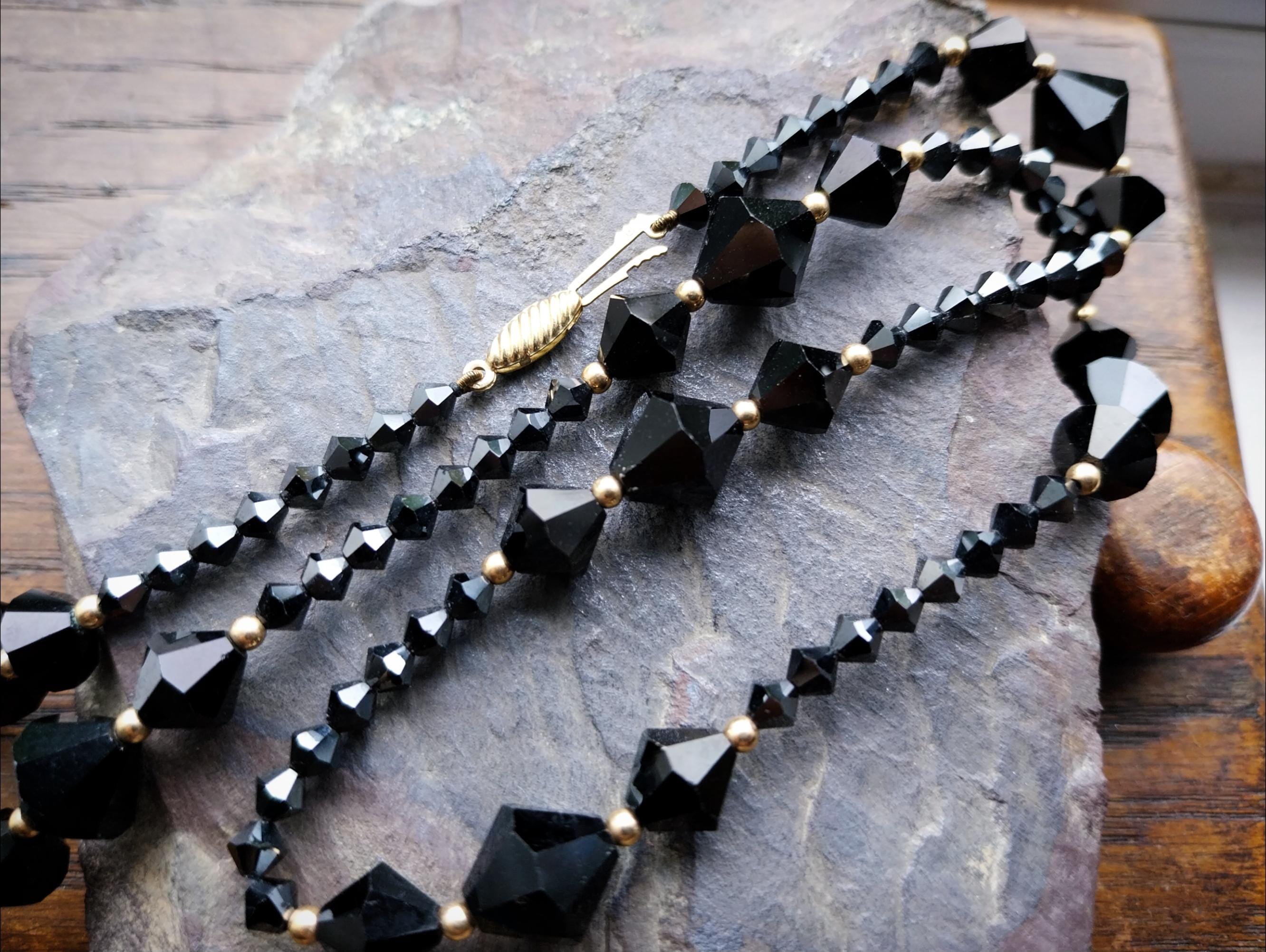 Vintage Jet Black Bead Necklace with 9ct gold spacers - 20" - 21.2g