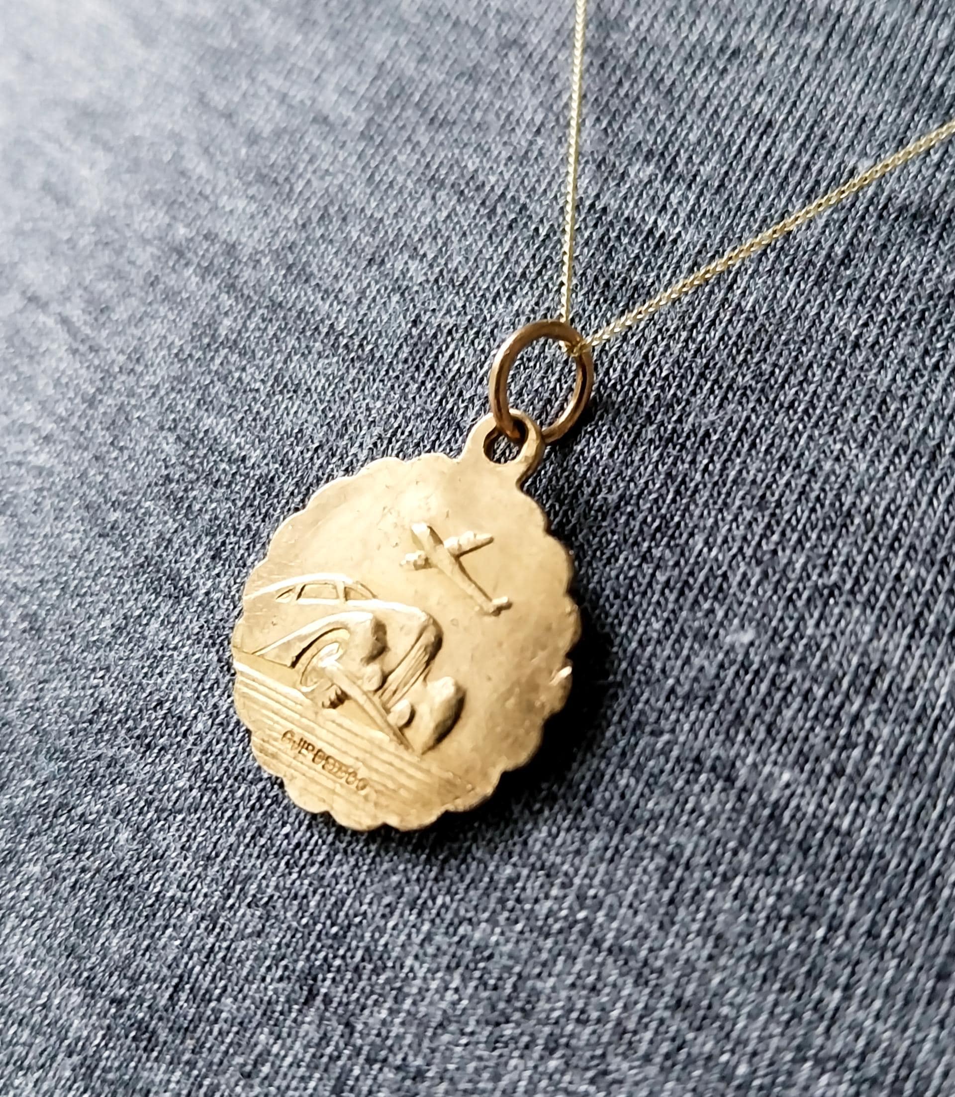 9ct Gold Georg Jensen St Christopher Necklace Pendant - Double Sided on 20" Chain - 4.4g