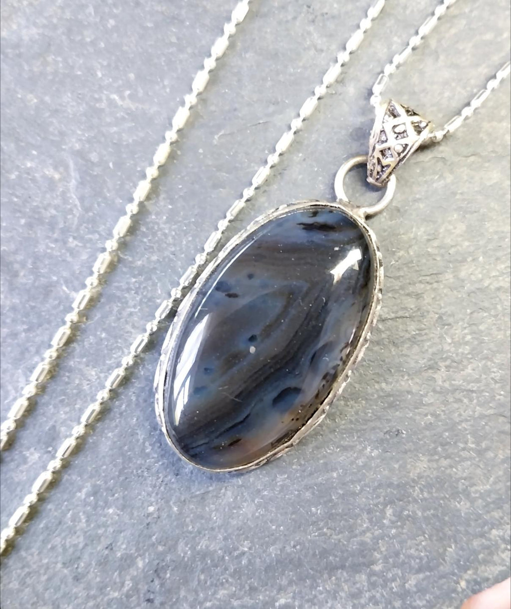 Large Sterling Silver Moss / Mottled Agate Necklace Pendant on 20" Chain - 16.4g