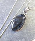 Large Sterling Silver Moss / Mottled Agate Necklace Pendant on 20" Chain - 16.4g
