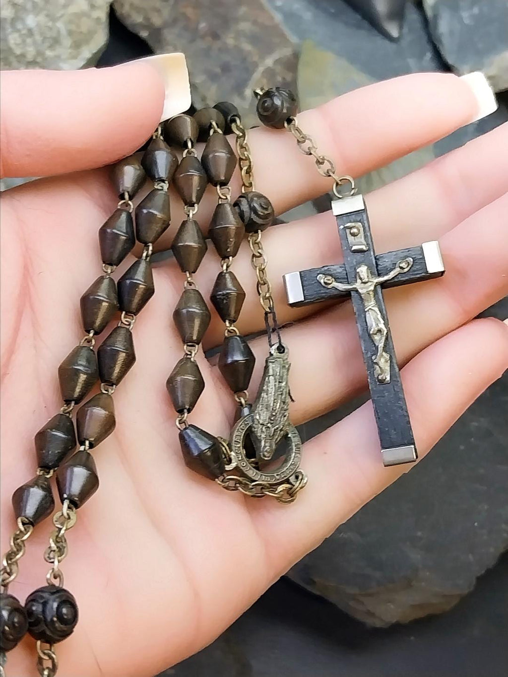 Vintage Italian Wooden ROSARY BEADS with Crucifix - 29" Necklace - 18.3g
