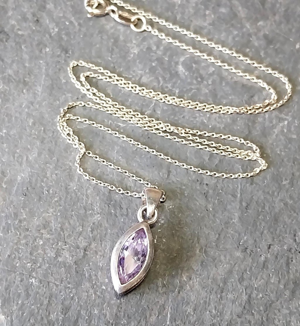 Sterling Silver Amethyst Drop Pendant Necklace  on 18" Chain - 3.5g
