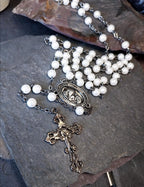 Vintage Milky White ROSARY Beads - Small Vintage Old Prayer Beads and crucifix - 28" 17g