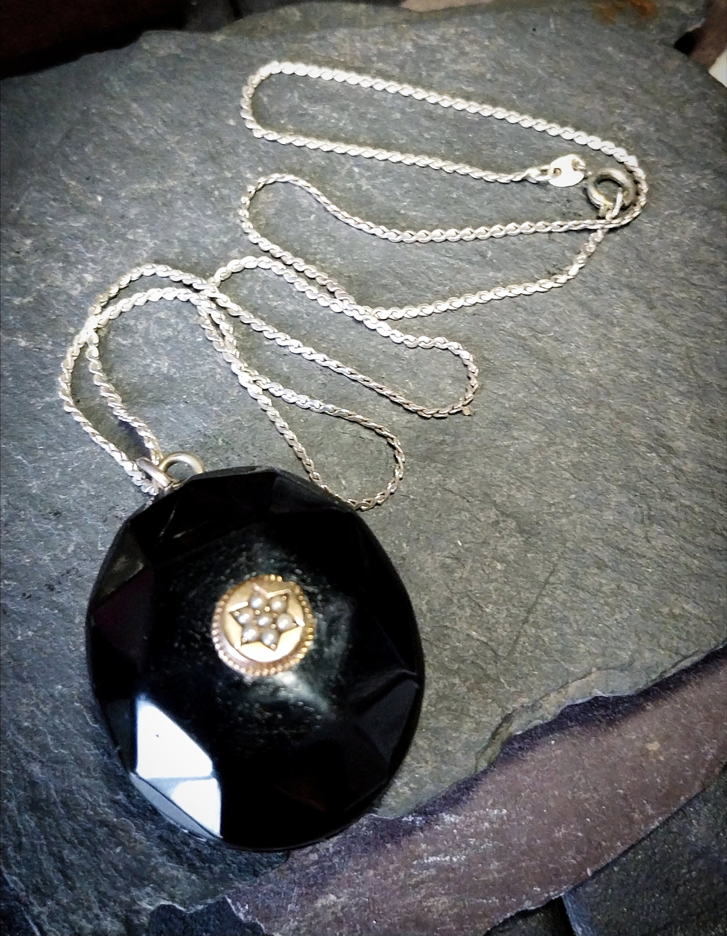 Antique VICTORIAN Whitby JET LOCKET with Seed Pearl Star - on 20" Chain - 27.4g