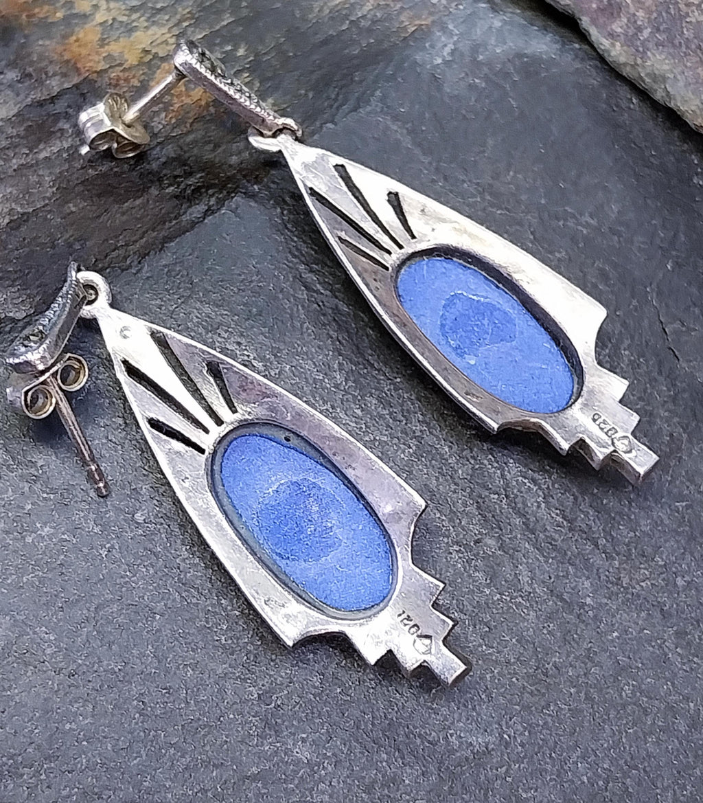 Sterling Silver Art Deco EARRINGS Blue Gemstone & Marcasite - 5.9g