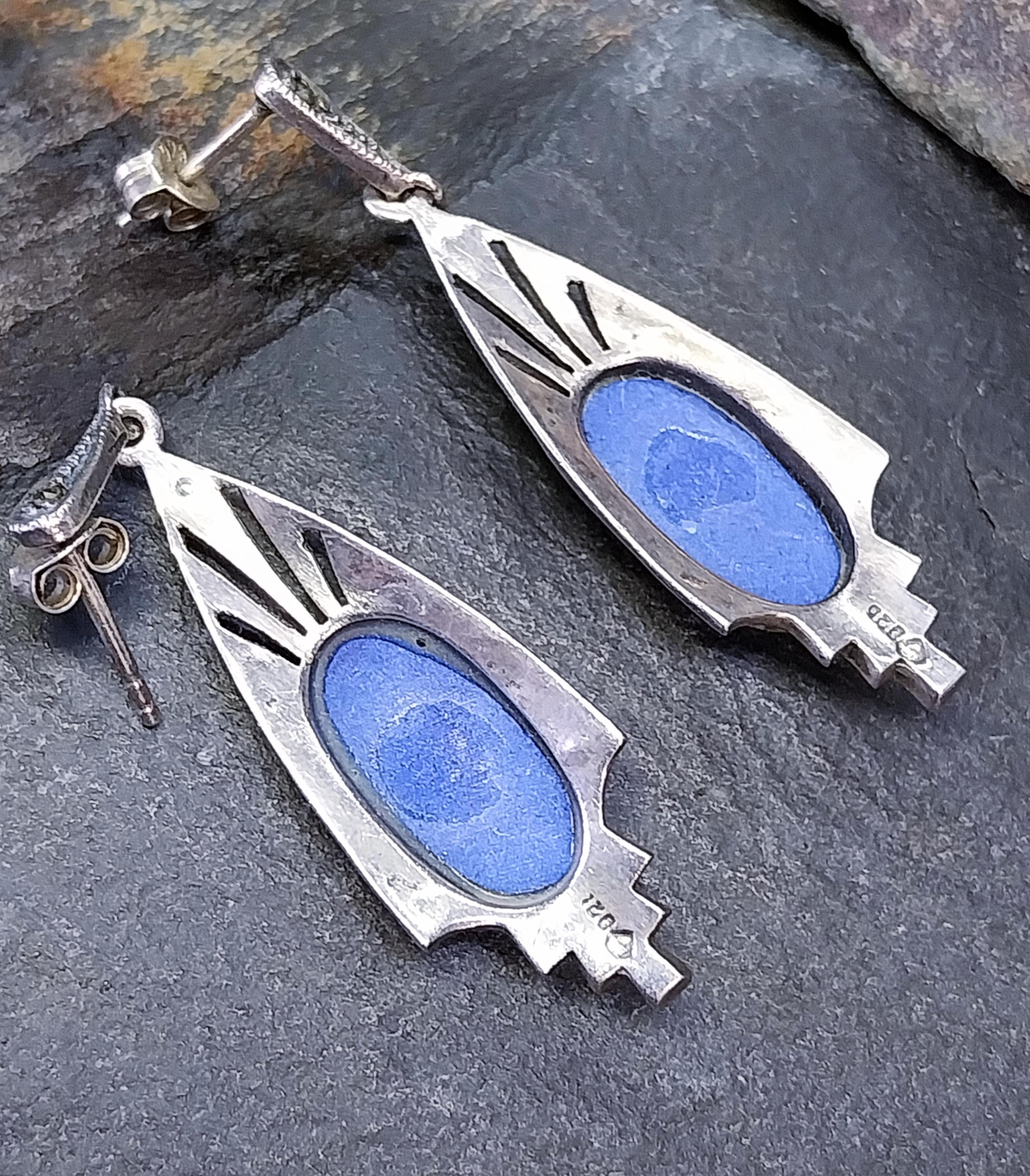 Sterling Silver Art Deco EARRINGS Blue Gemstone & Marcasite - 5.9g
