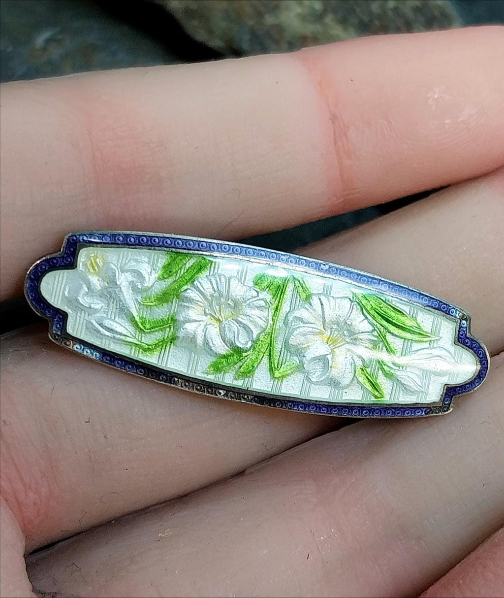 Antique Georgian Enamel BROOCH - White Lillies on Sterling Silver - c 1787 - 5.3g