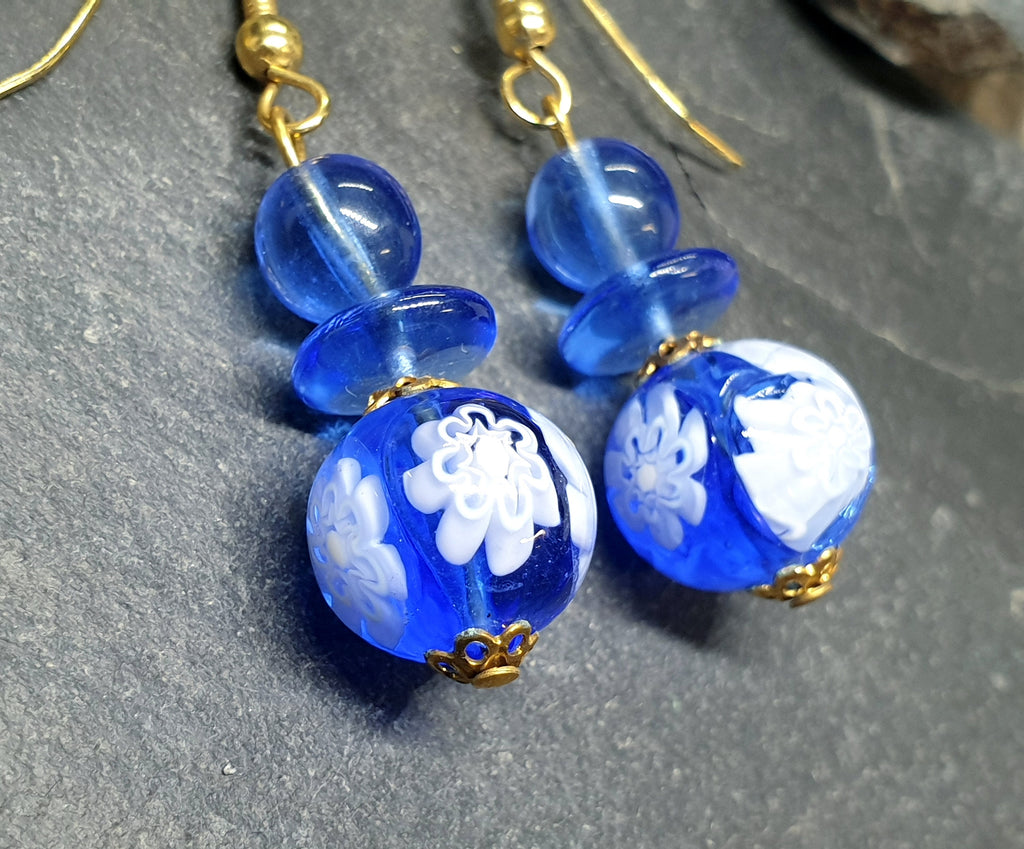 Vintage Murano Style Blue Bead EARRINGS - Long Dangling  - 8.5g