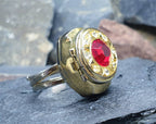 Vintage BVLER LOCKET WATCH Ring - Red Stone & Gold Plated - Size Adjustable - 12g