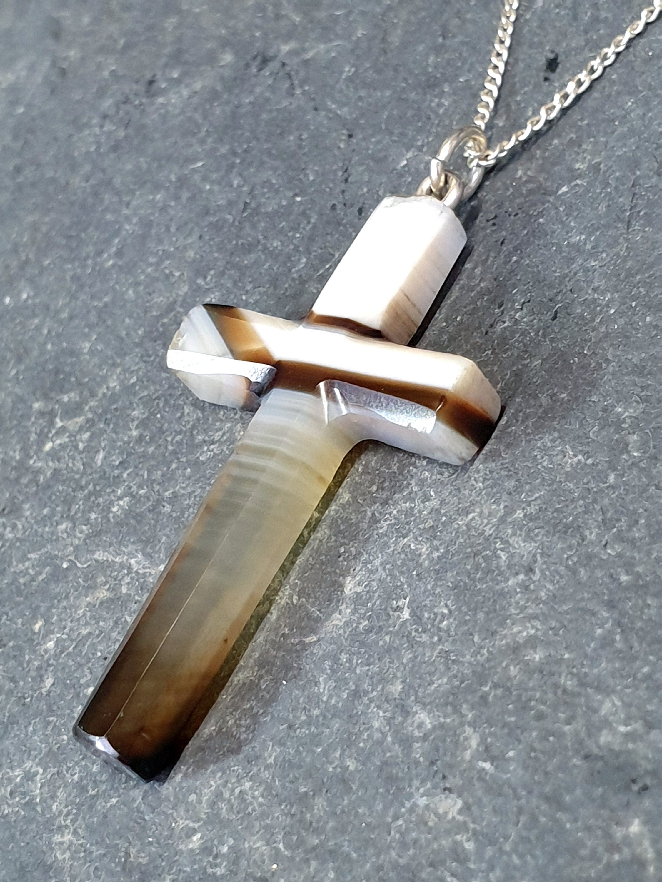 Victorian Antique Banded Agate Cross on 18" Sterling Silver Chain - 3.9g