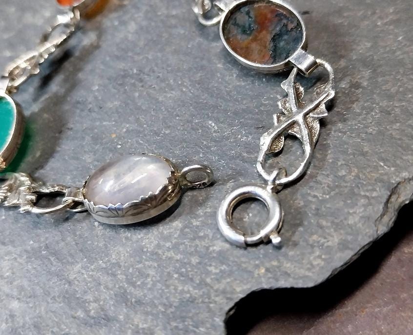 Vintage STERLING SILVER Agate and Thistle Bracelet - 20cm - 11.3g