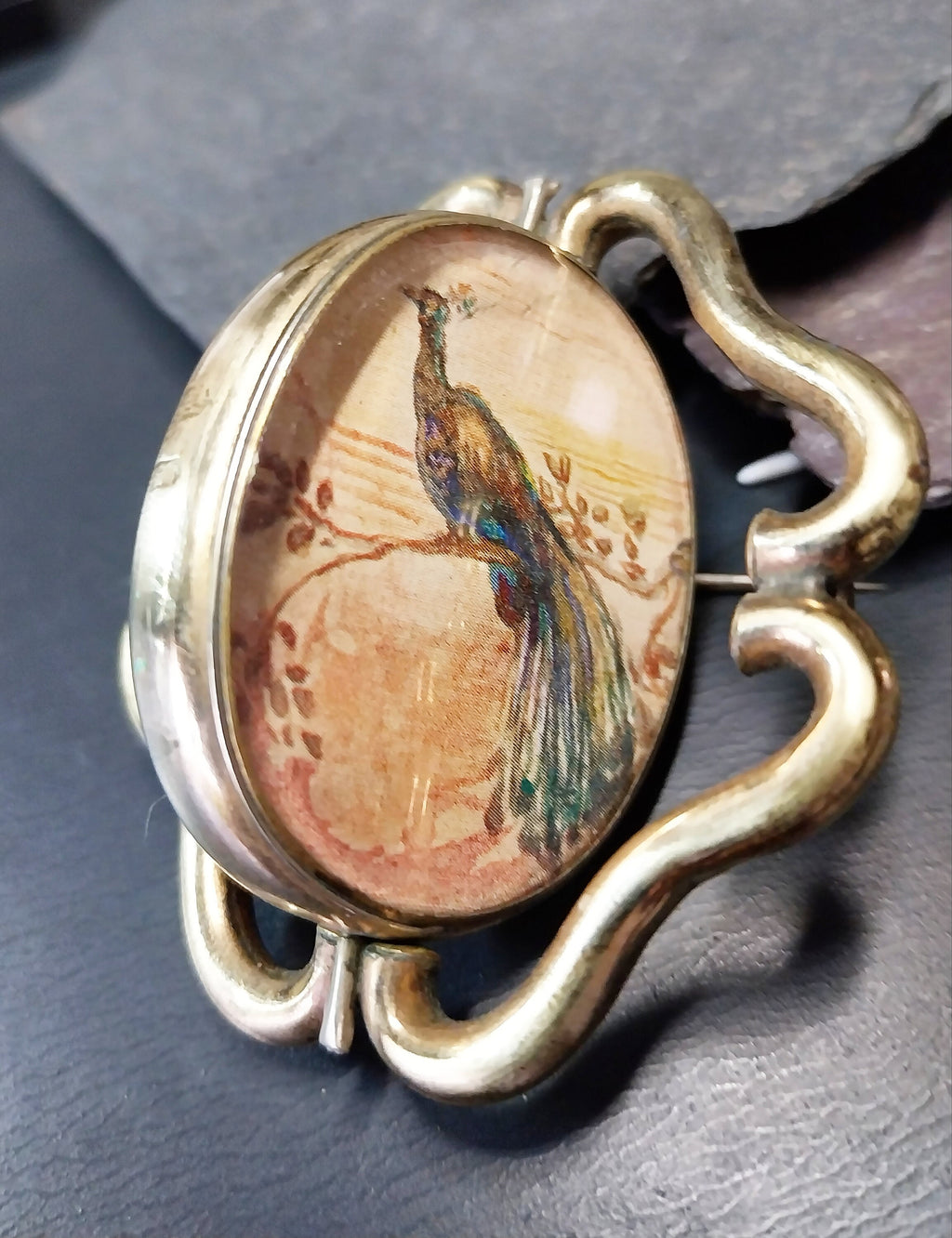 Victorian Large SWIVEL LOCKET BROOCH with Banded Agate & Peacock Panels - 31.5g