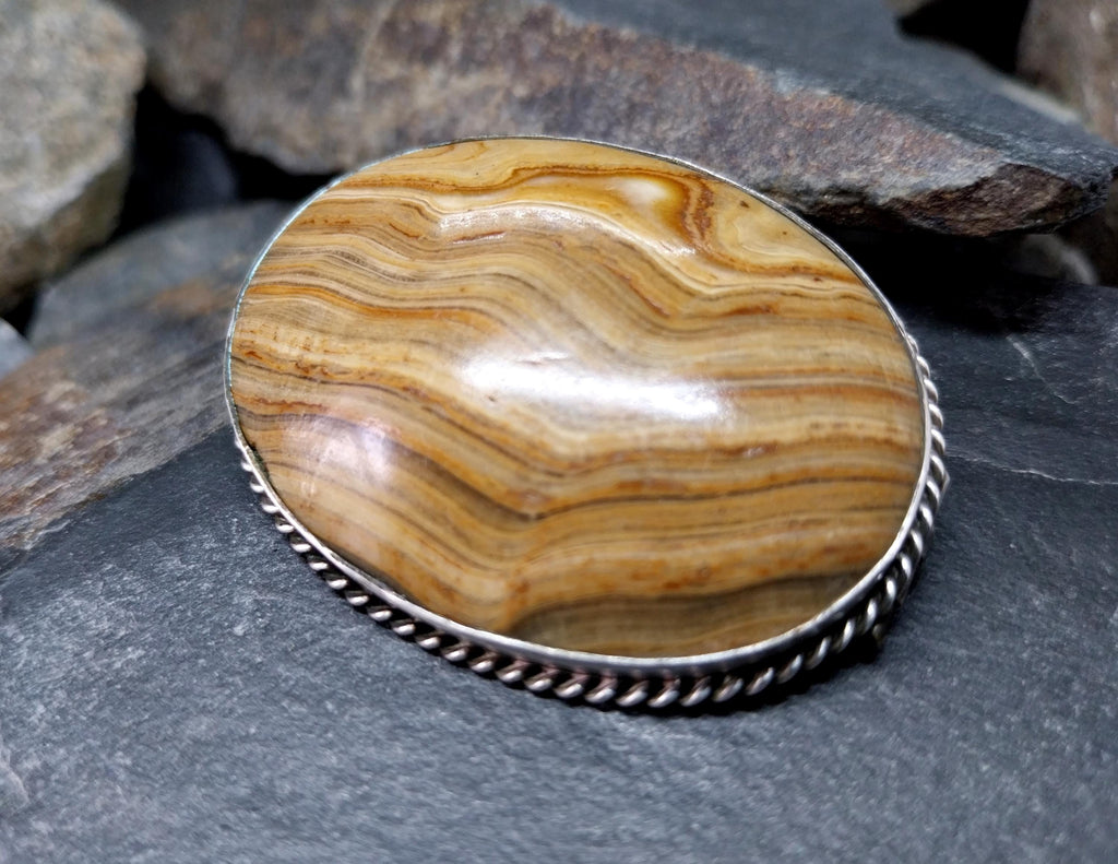 Antique Silver Banded JASPER Landscape Agate Brooch - Victorian - 18.4g