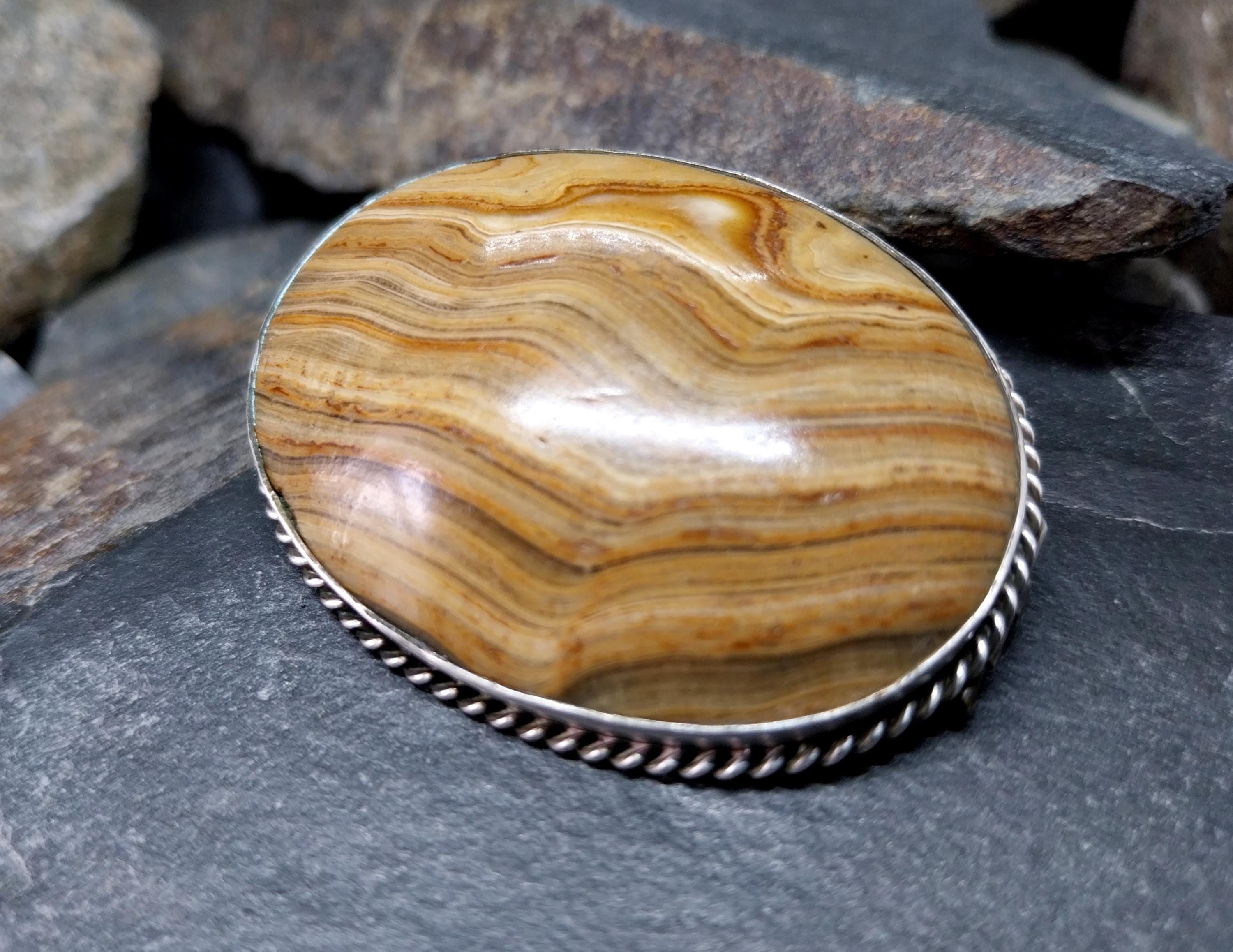 Antique Silver Banded JASPER Landscape Agate Brooch - Victorian - 18.4g