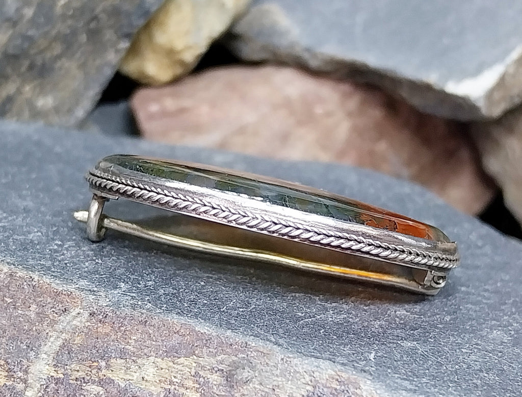 Vintage Sterling Silver Moss Agate Brooch - Vibrant Dendritic Gemstone  - 6.7g