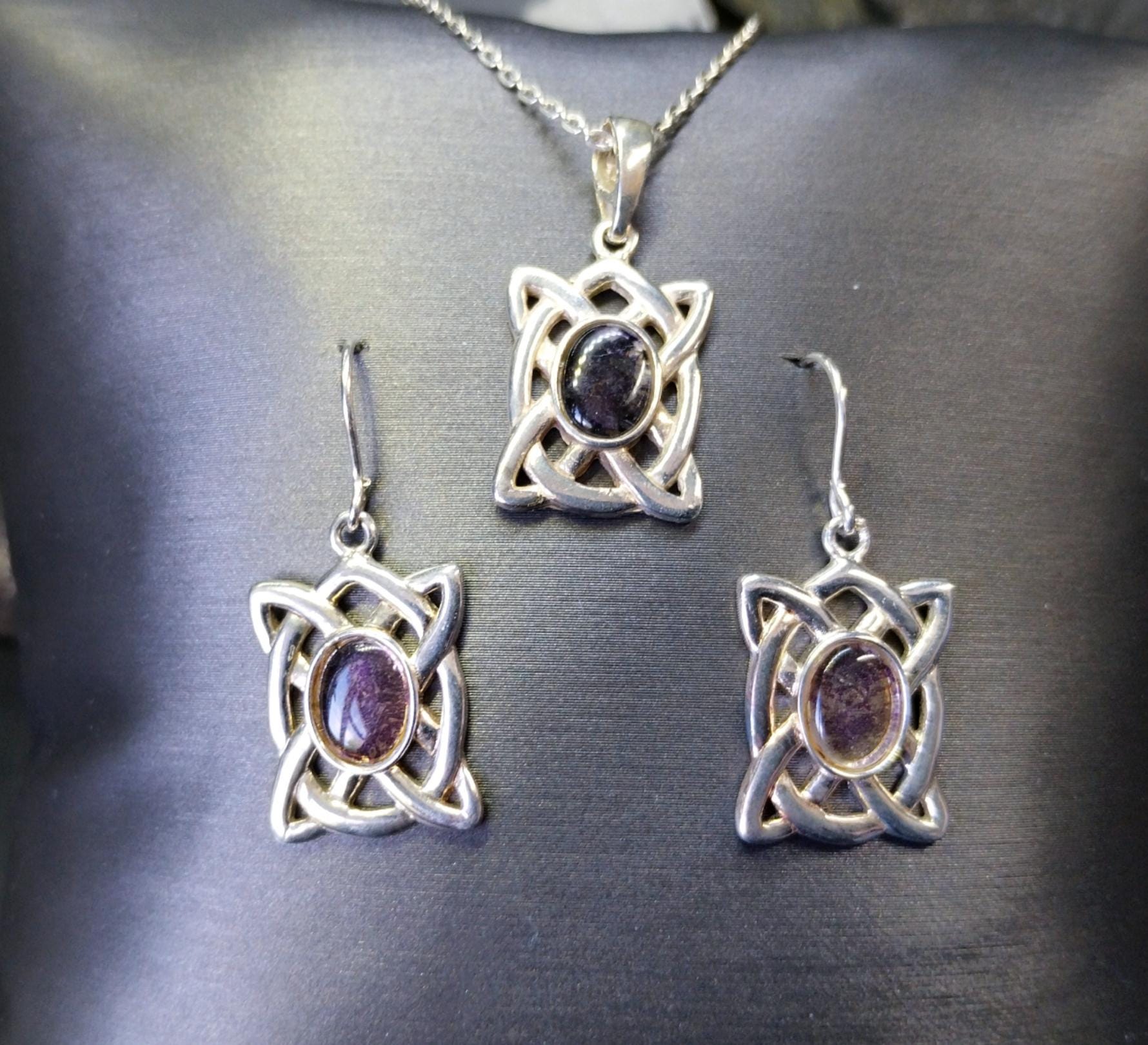Sterling SILVER Amethyst Necklace and Matching Earrings Gift Set - Celtic Knot - 8.6g