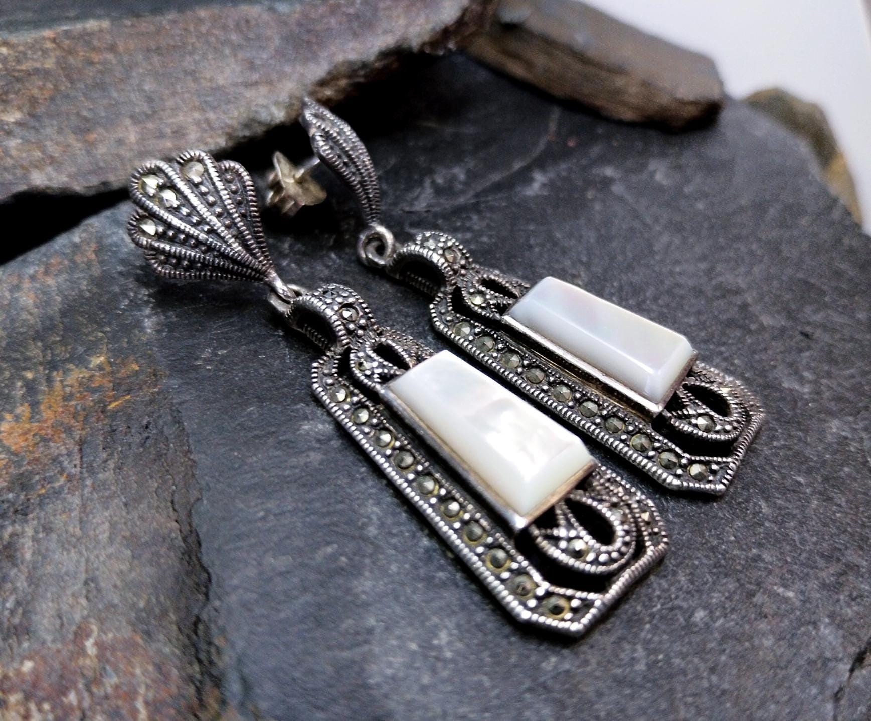 Sterling Silver Art Deco EARRINGS MOP & Marcasite - 12.1g