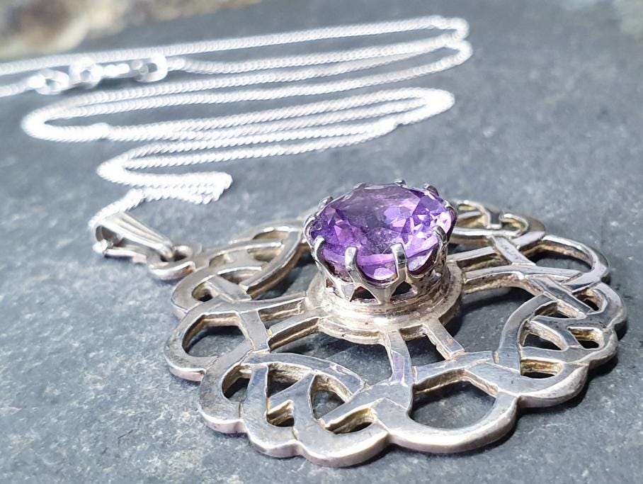 Vintage ORTAK Amethyst Pendant Necklace - Malcolm Grey on 20" silver chain - 8.2g