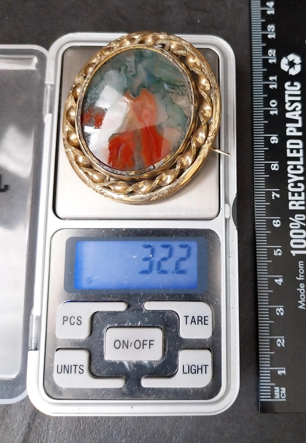 Victorian SWIVEL LOCKET BROOCH with Moss Agate - Big Size - 32.2g