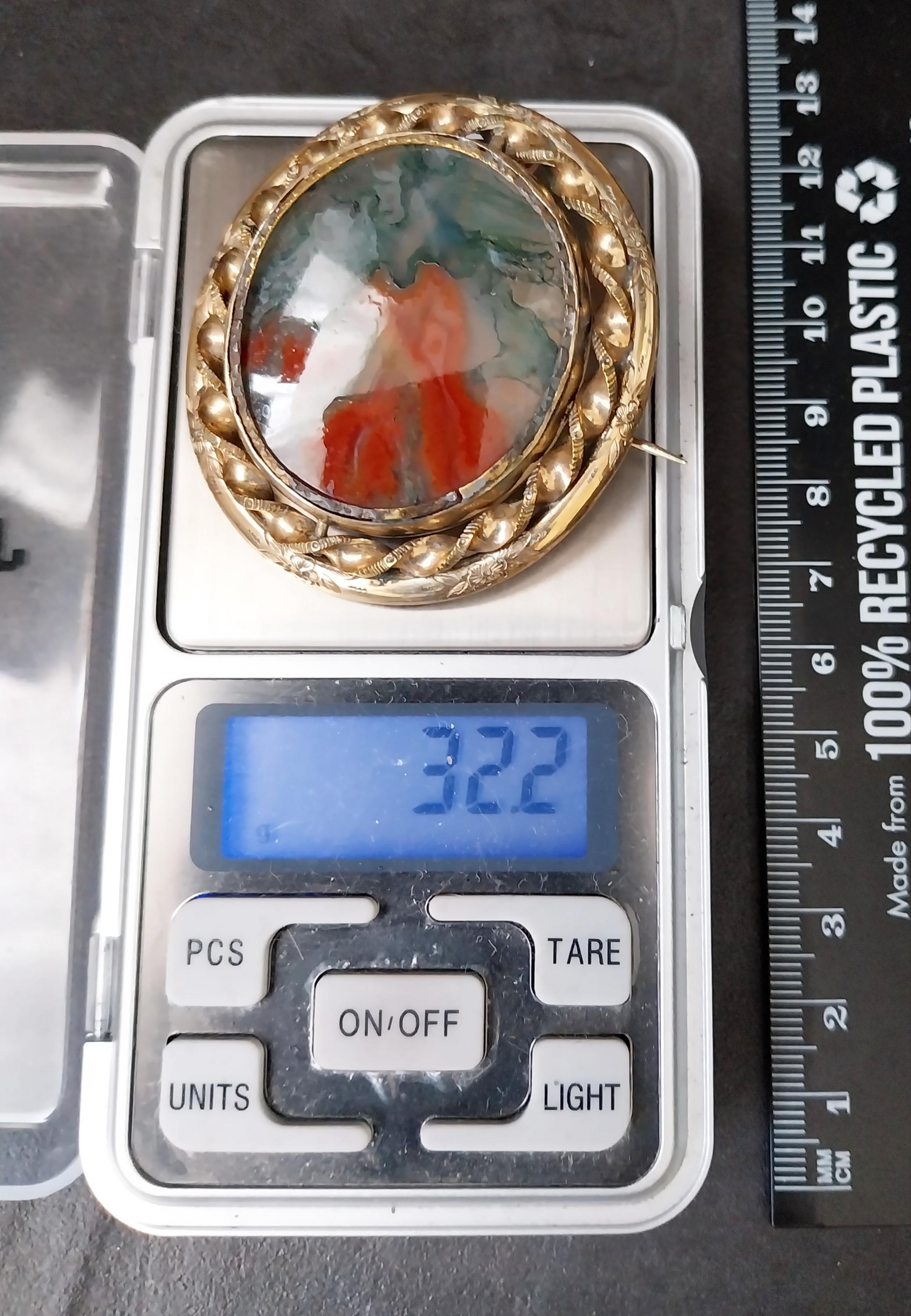 Victorian SWIVEL LOCKET BROOCH with Moss Agate - Big Size - 32.2g