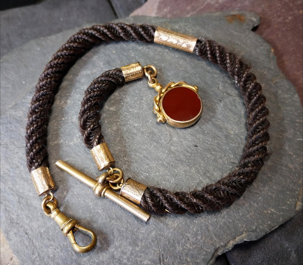 Victorian HAIR Watch chain with Rolled Gold Bloodstone swivel fob - 14" 16.4g
