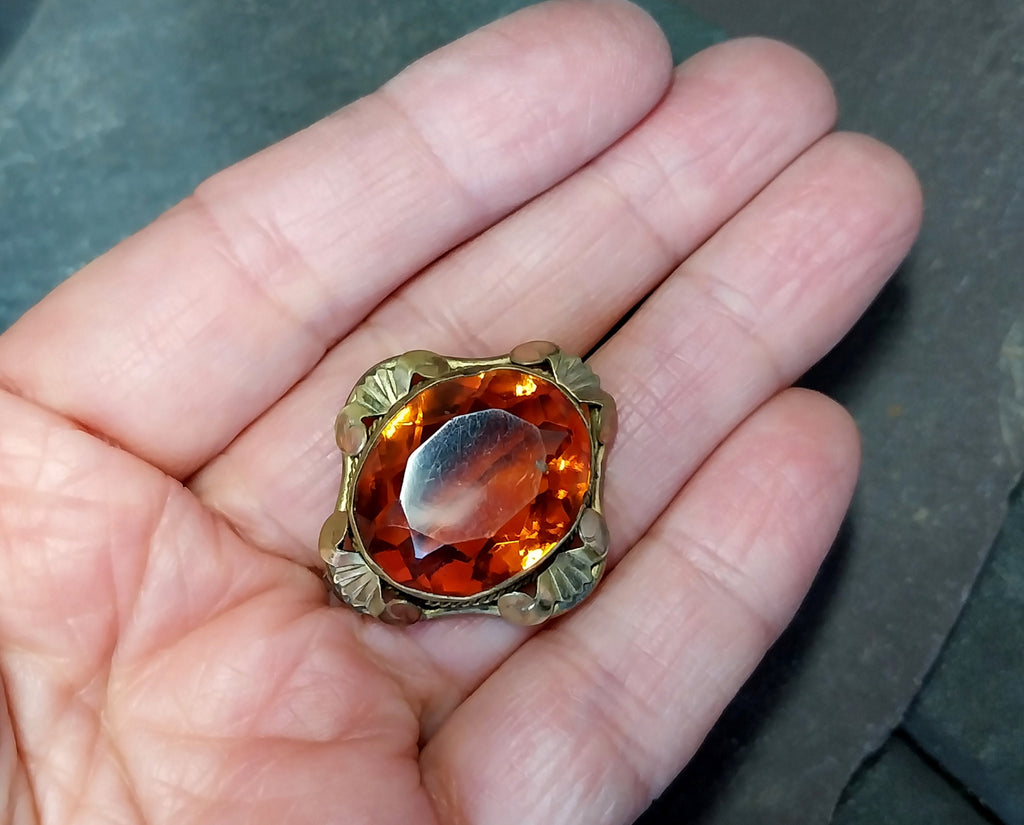 Antique Pinchbeck BROOCH with Brandy Orange Gemstone - 6g