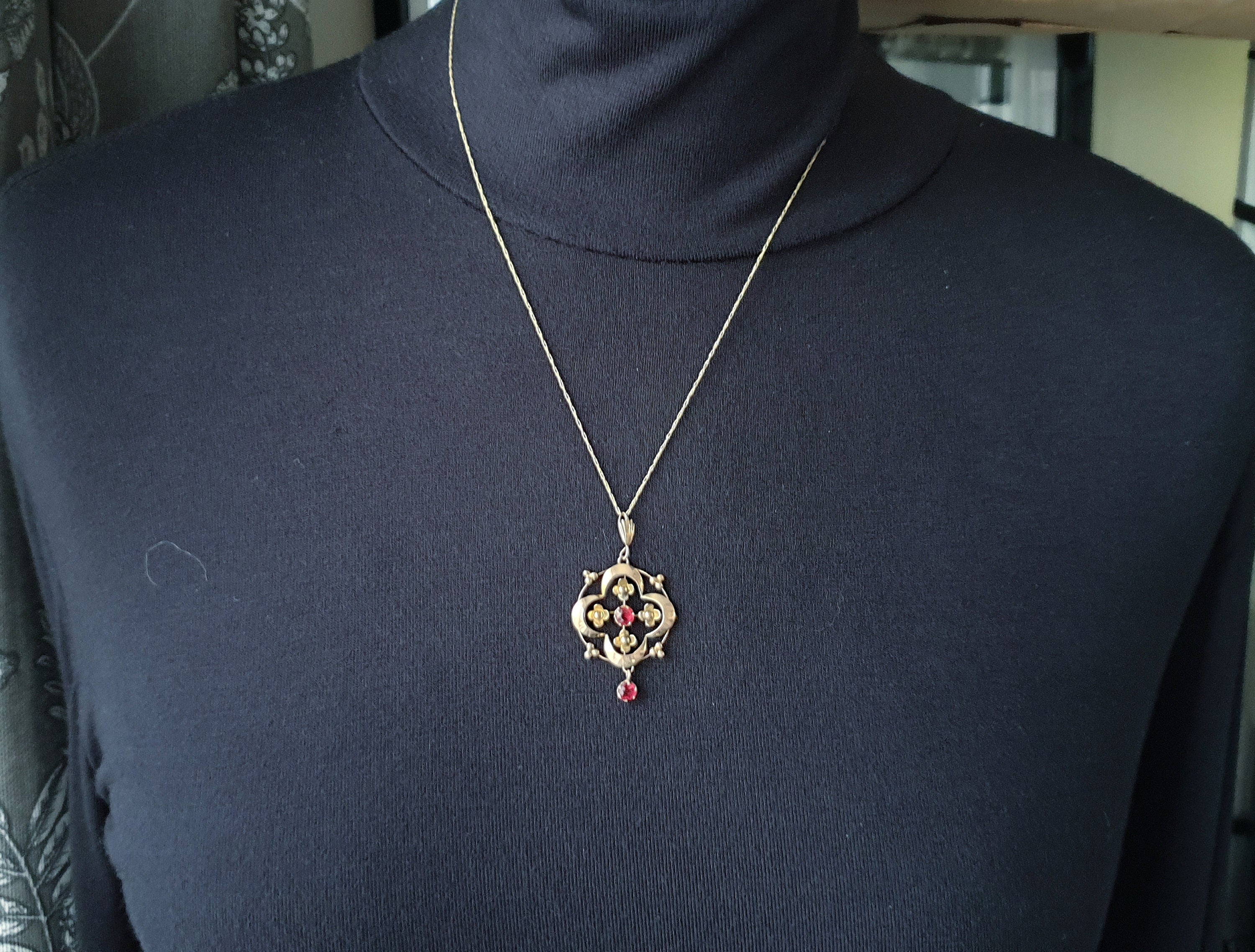 Edwardian 9ct Rose GOLD Red Gemstone Drop Pendant Necklace 20" Chain - 2.6g