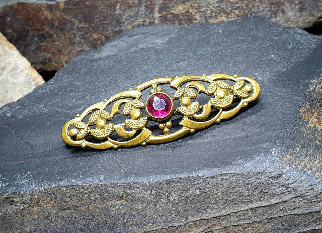 ANTIQUE Pinchbeck Brooch with Pink Cranberry Glass Gemstone - Edwardian 5.8g