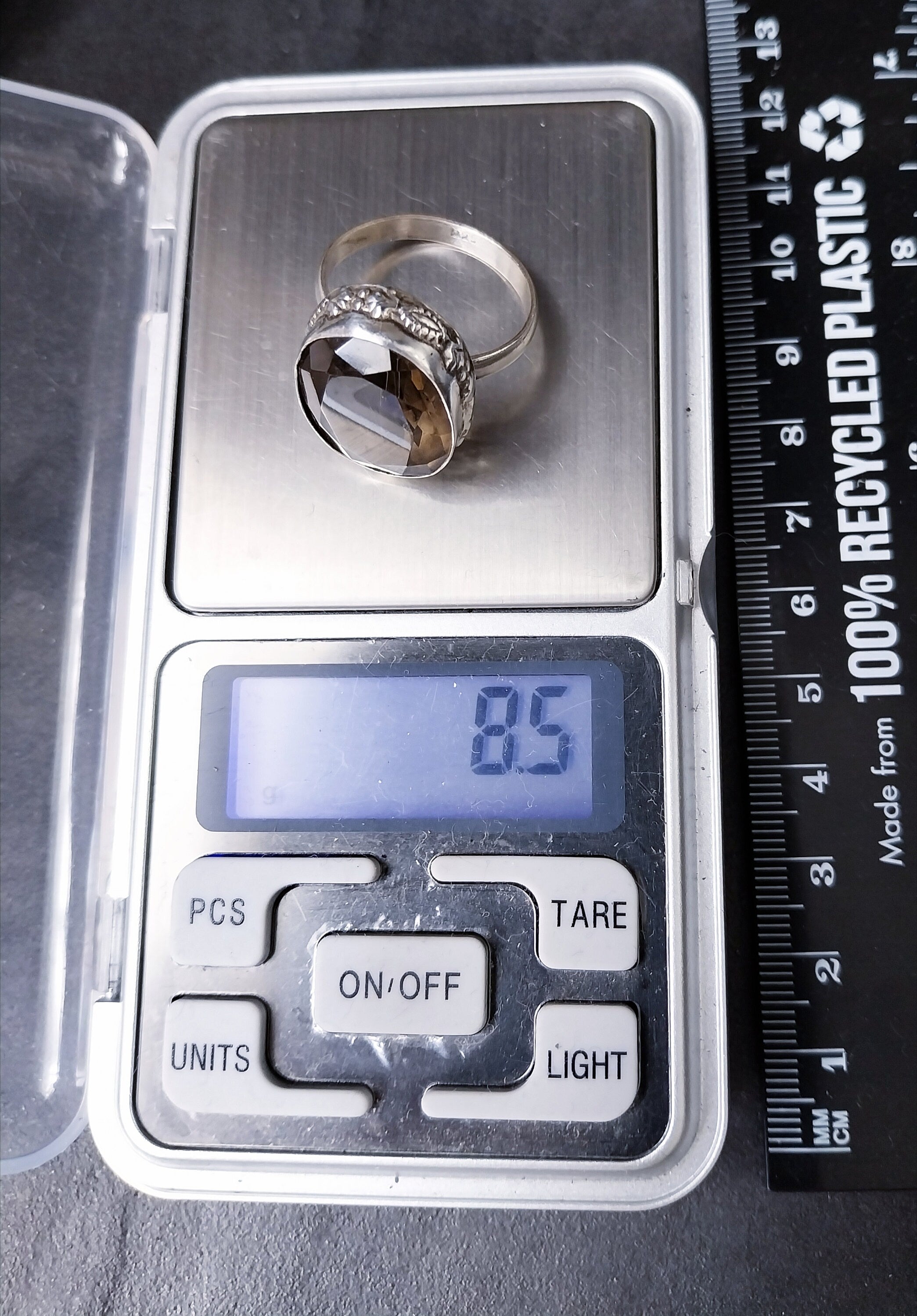 Large Vintage Smoky Quartz RING - Sterling Silver- uk size T (us 9.5) - 8.5g
