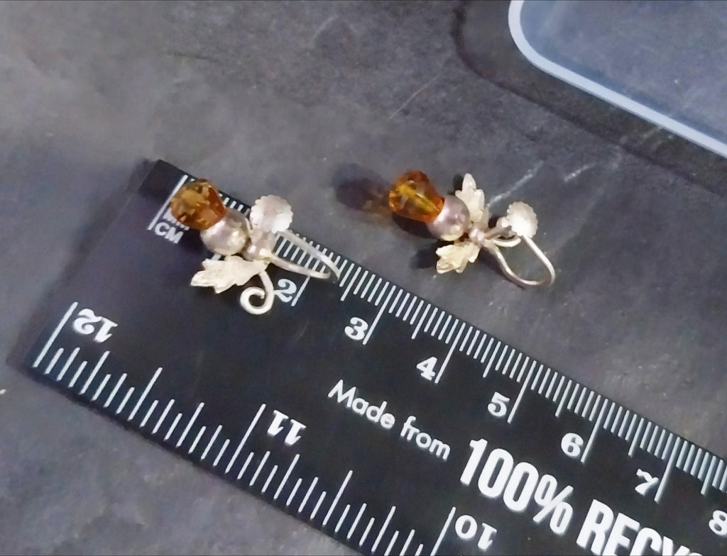 Antique Sterling Silver Carnelian Thistle Earrings - Screw Backs - 3.4g