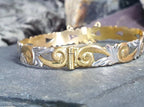 Vintage 9ct Rolled GOLD BANGLE - Beautiful Scroll with Safety Chain - 11.6g