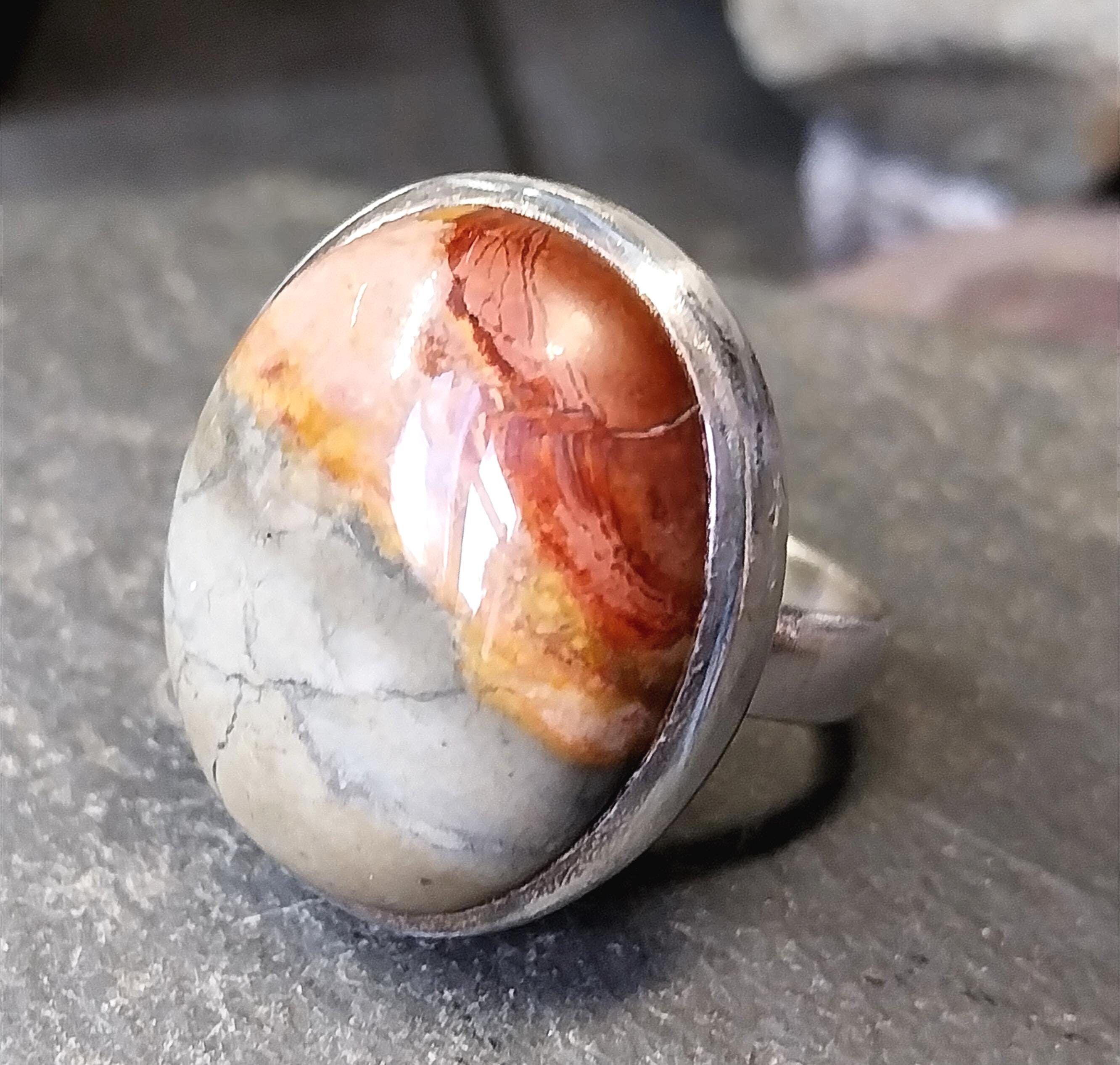 Sterling Silver Mottled MOSS AGATE RING - uk size S (us 9) - 13.1g