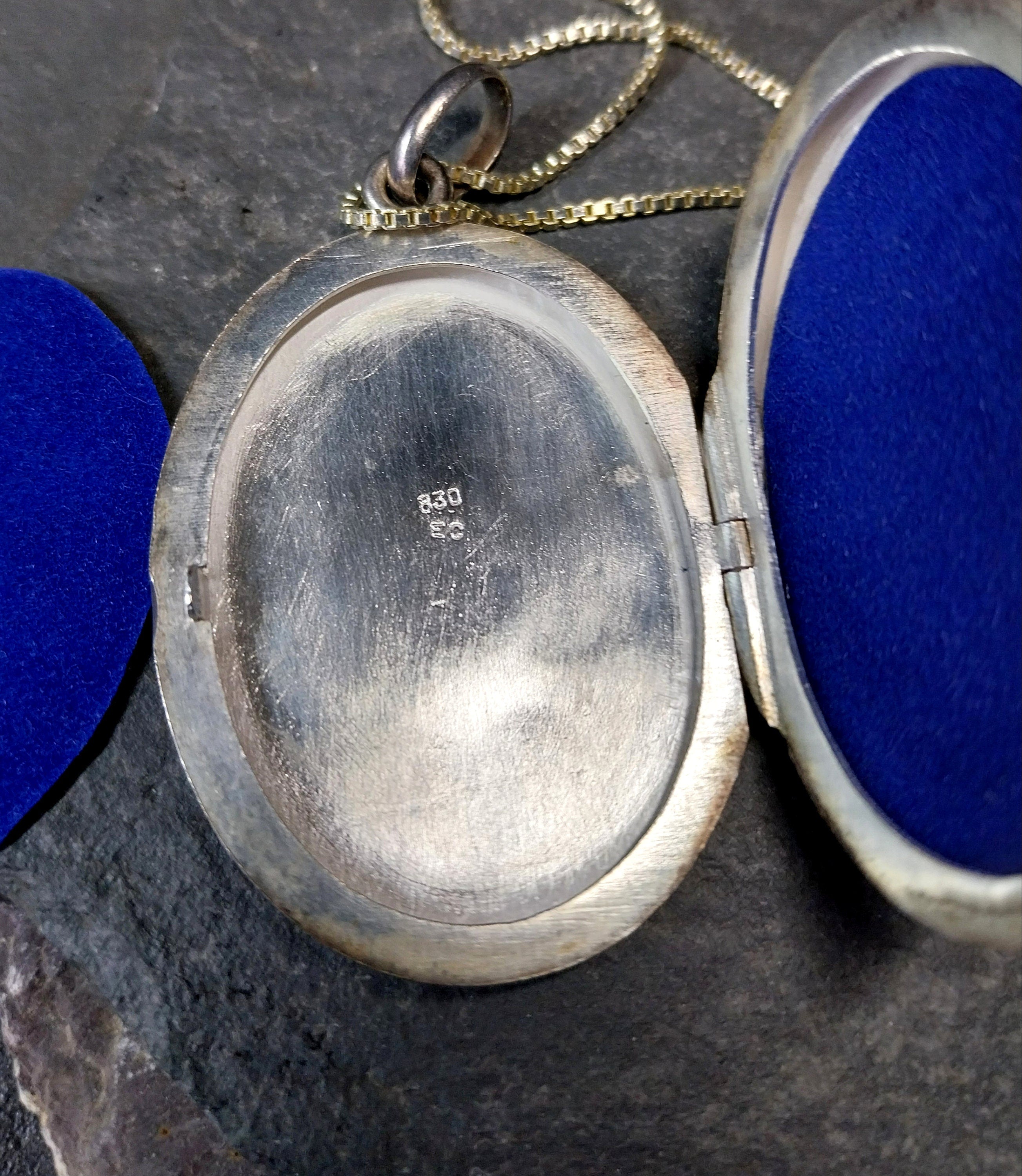 Large Locket Necklace by Danish Echri Cameer, Blue Enamel on 20" chain - 19.7g