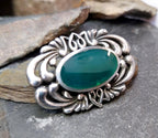 Vintage Celtic SILVER Brooch - with Green Agate - Malachite - 10.6g