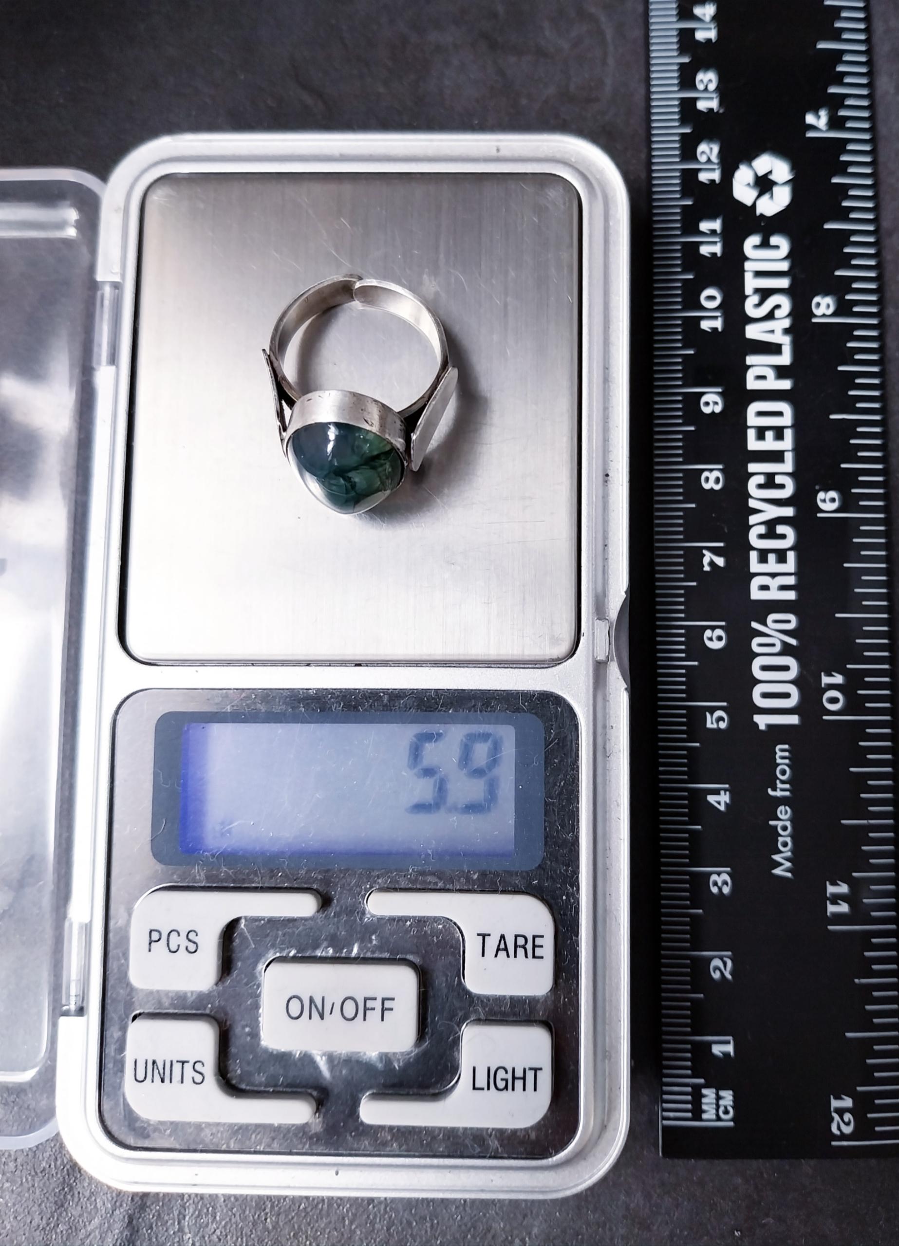 Vintage SILVER Moss Agate RING Dendritic Stone - adjustable size 0 (us 7) - 5.9g