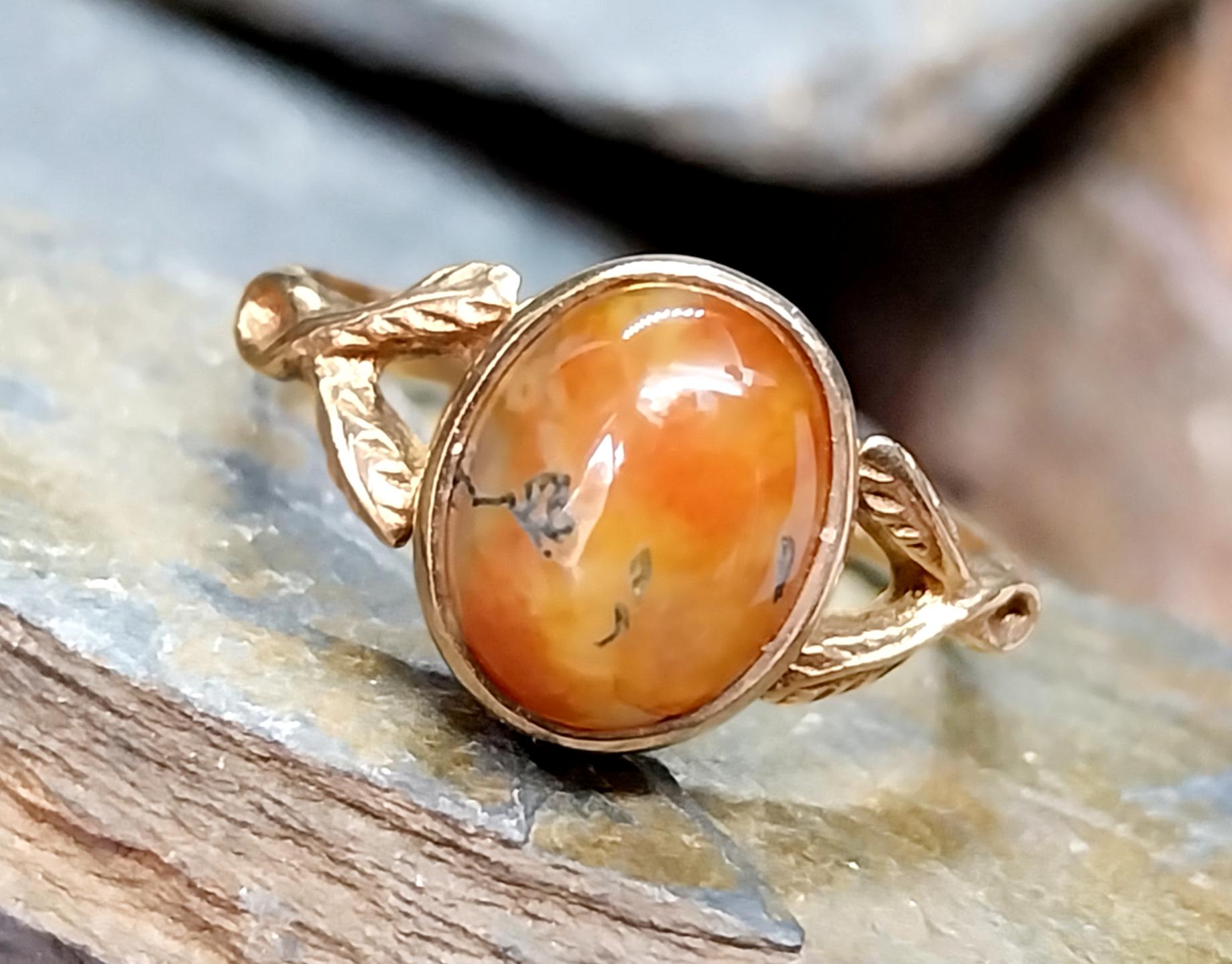 9ct Gold MOSS AGATE Ring - Dendritic - Size uk P (us 7.5) - 3.2g