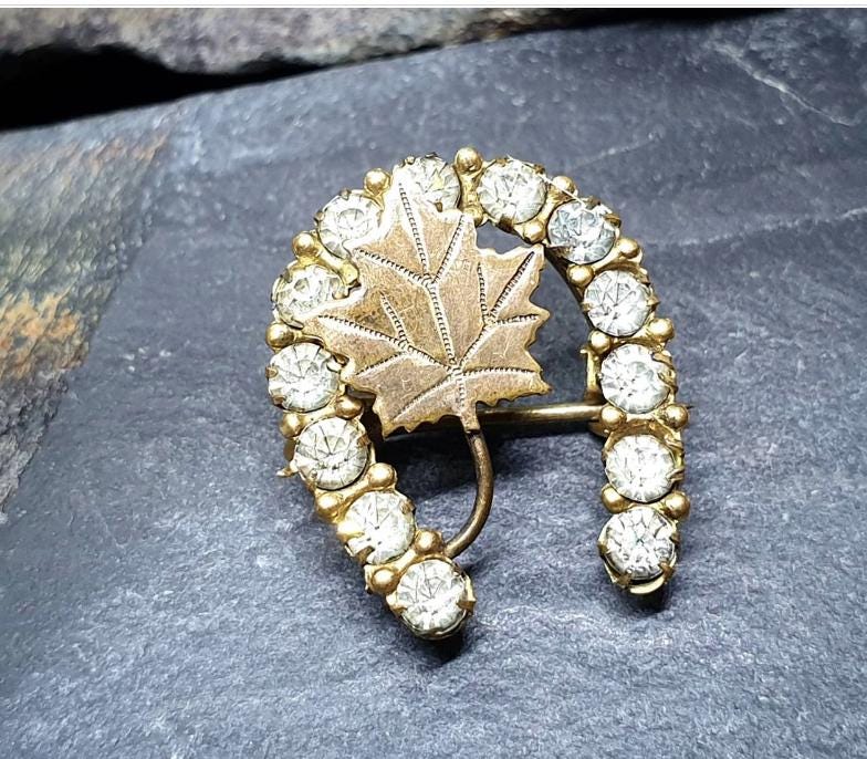 Antique HORSESHOE BROOCH - 9ct Gold Maple Leaf with Paste Stones 3.5g