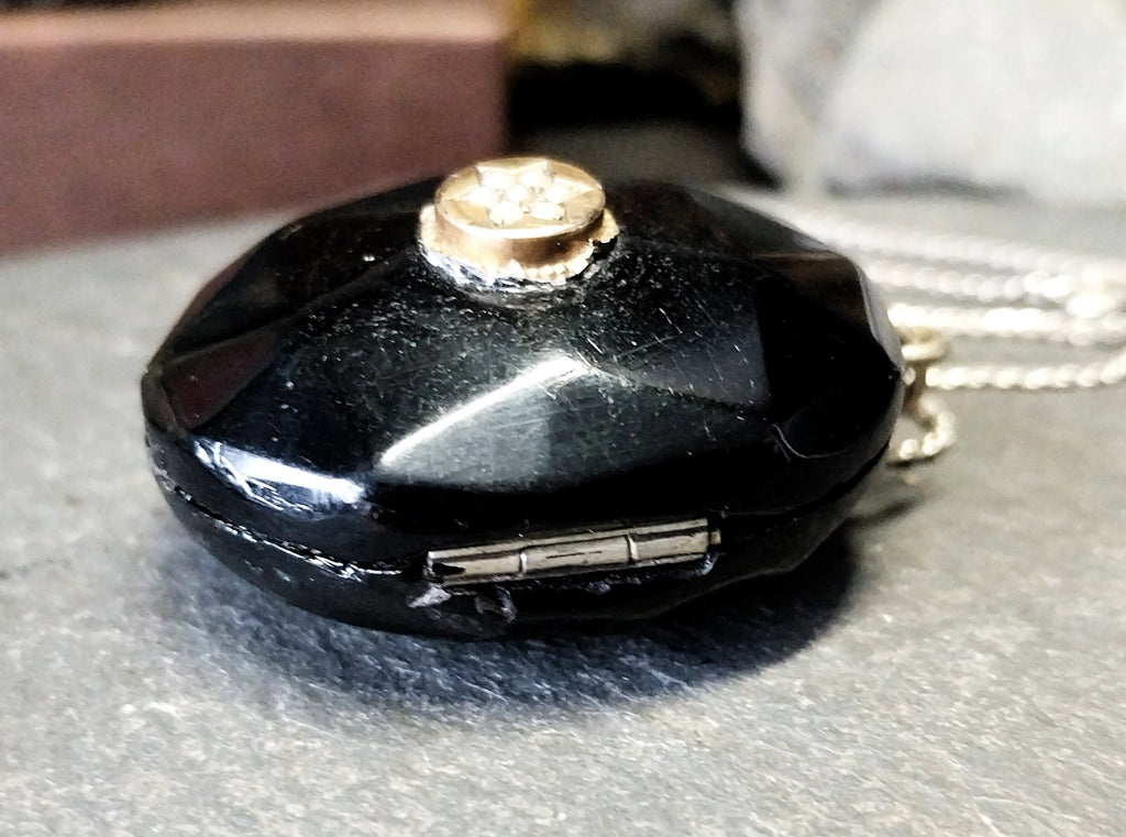 Antique VICTORIAN Whitby JET LOCKET with Seed Pearl Star - on 20" Chain - 27.4g