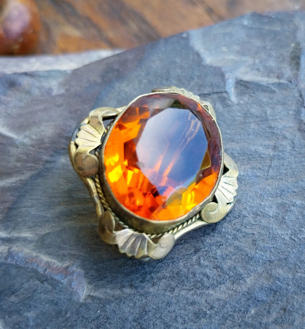 Antique Pinchbeck BROOCH with Brandy Orange Gemstone - 6g