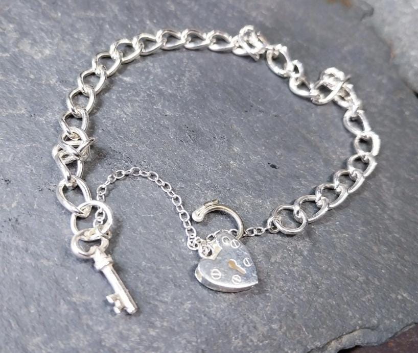 Vintage SILVER LINK BRACELET with Lock and Key - 16cm - 8.8g