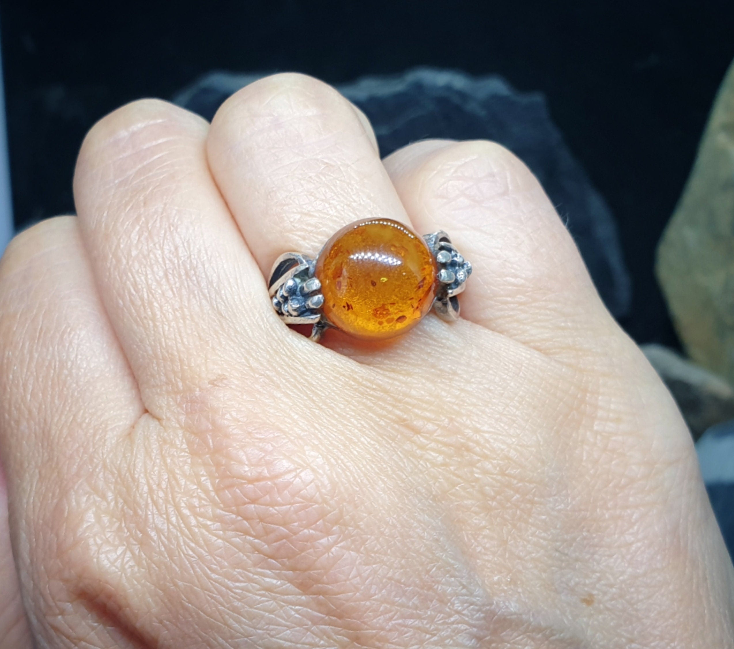Vintage Baltic AMBER Sterling Silver Ring - uk size M (6) - 5.6g