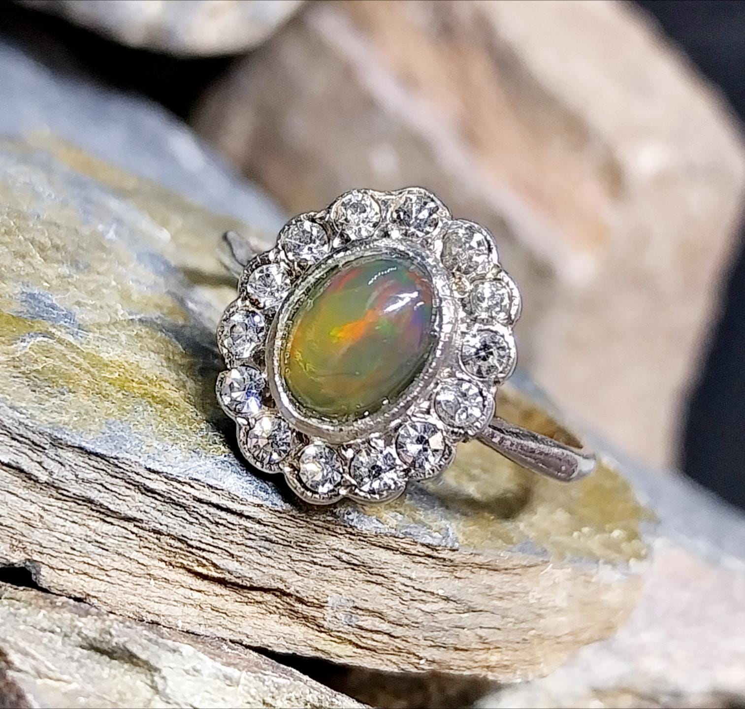 Vintage 9ct Gold & Silver Fire Opal and Paste Stones Ring - Art Deco - Size uk O (us 7) - 2.3g